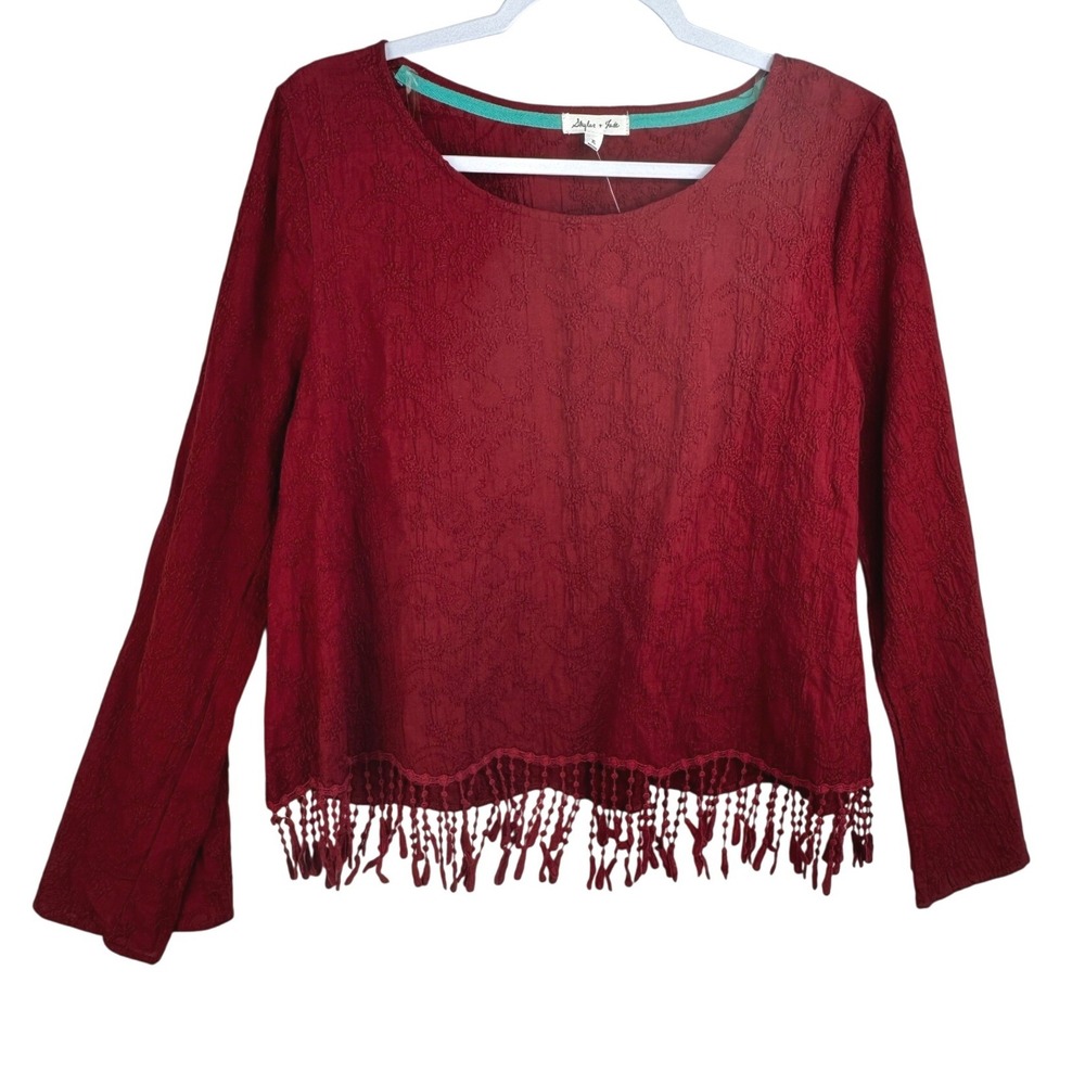 Skylar + Jade Womens XL Red Henna Embroidered Tassel Fringe Long Sleeve Top NEW